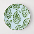 Peter Dunham + Hudson Grace Green Kashmir hand-painted paisley salad plate, light blue with green border.