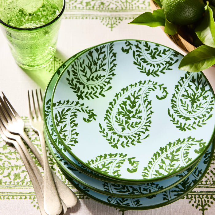 Peter Dunham + Hudson Grace Green Kashmir hand-painted paisley salad plate, light blue with green border.