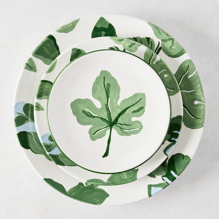 Peter Dunham + Hudson Grace hand-painted green fig leaf appetizer plate and dinner plate set.