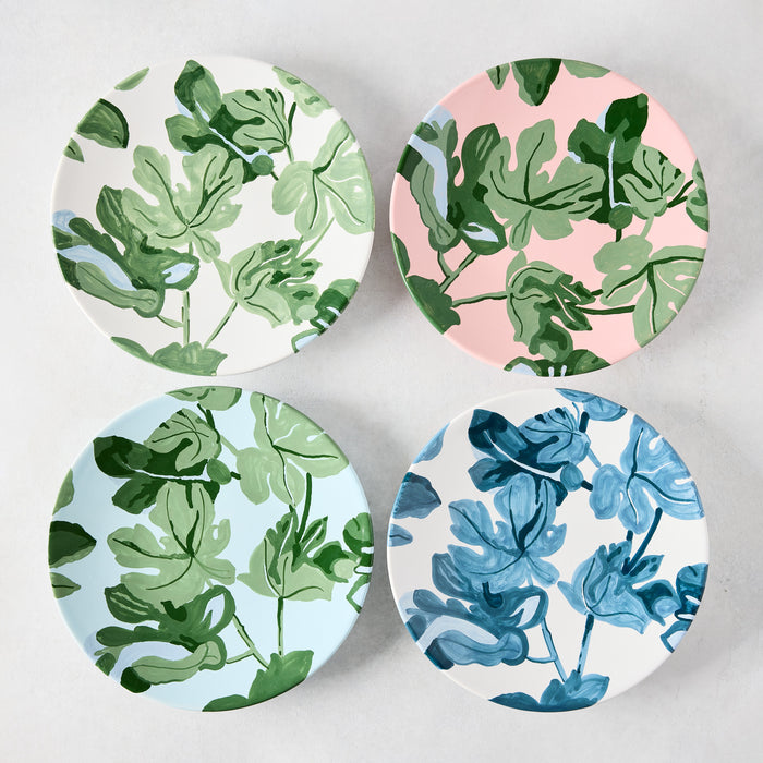 Four Peter Dunham + Hudson Grace ceramic salad plates with hand-painted fig leaf designs.