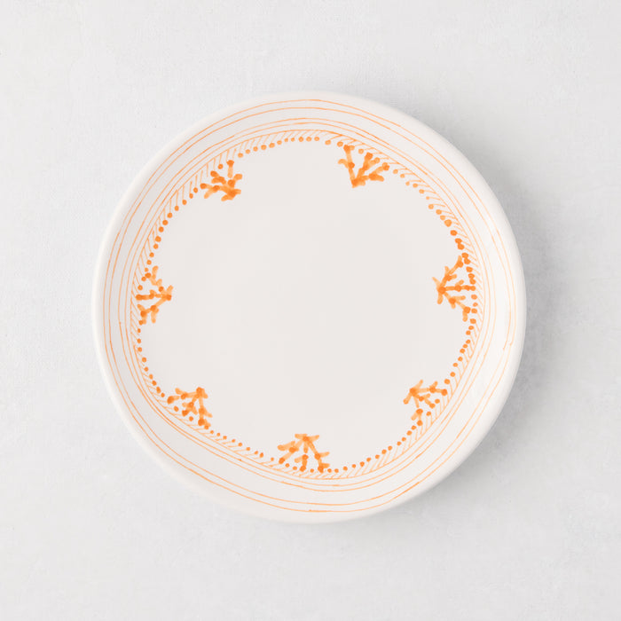 Peter Dunham + Hudson Grace Orange Fez hand-painted border appetizer plate, white with orange pattern.