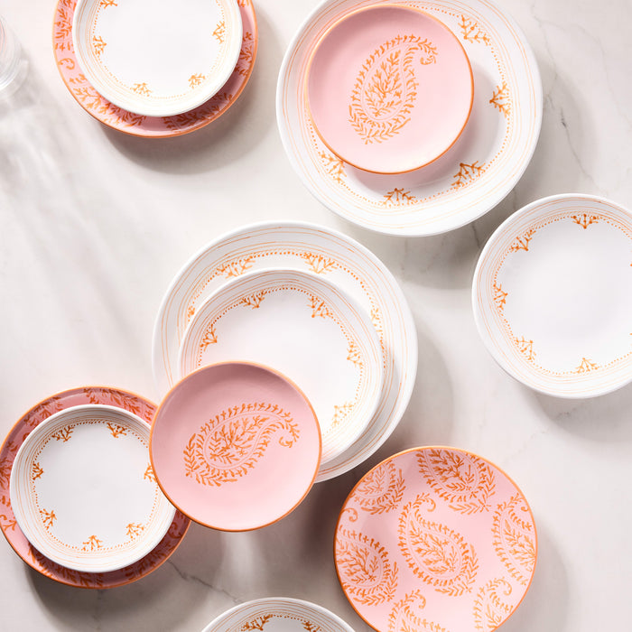 Peter Dunham + Hudson Grace Orange Fez hand-painted border appetizer plates in pink and white.