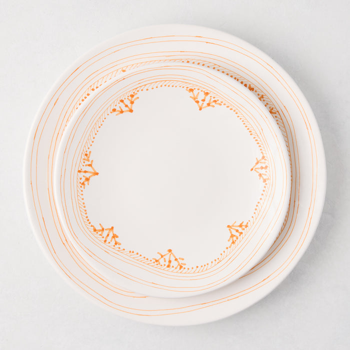 Peter Dunham + Hudson Grace Orange Fez hand-painted border dinner plate, white with orange patterns.