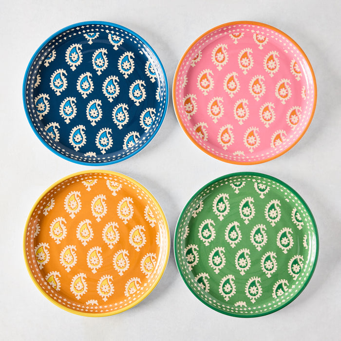 Four Peter Dunham + Hudson Grace Janpath melamine salad plates in blue, pink, orange, and green paisley.