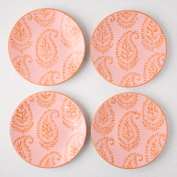 Four Peter Dunham + Hudson Grace Pink Kashmir hand-painted paisley salad plates with orange trim.