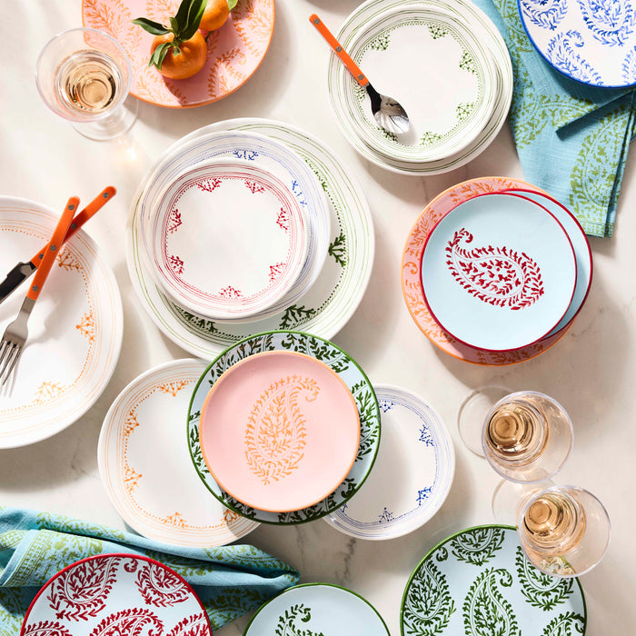 Peter Dunham + Hudson Grace Red Fez hand-painted border appetizer plates in various colors and patterns.