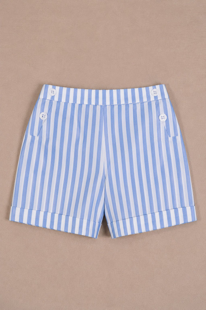 Nice Shorts front view showing blue and white striped organic cotton with turned-up hems