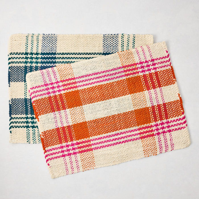 Pink and orange woven plaid rectangular placemat, 19"W x 14"L abaca and jute.