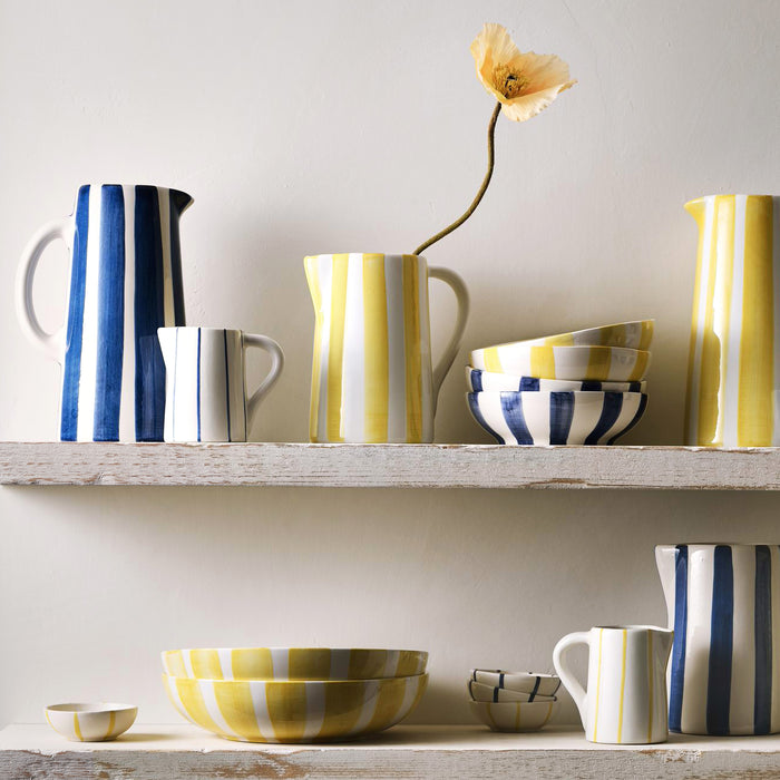 Portofino Blue Stripe small ceramic pitcher with white glaze and hand-painted thin blue stripes.