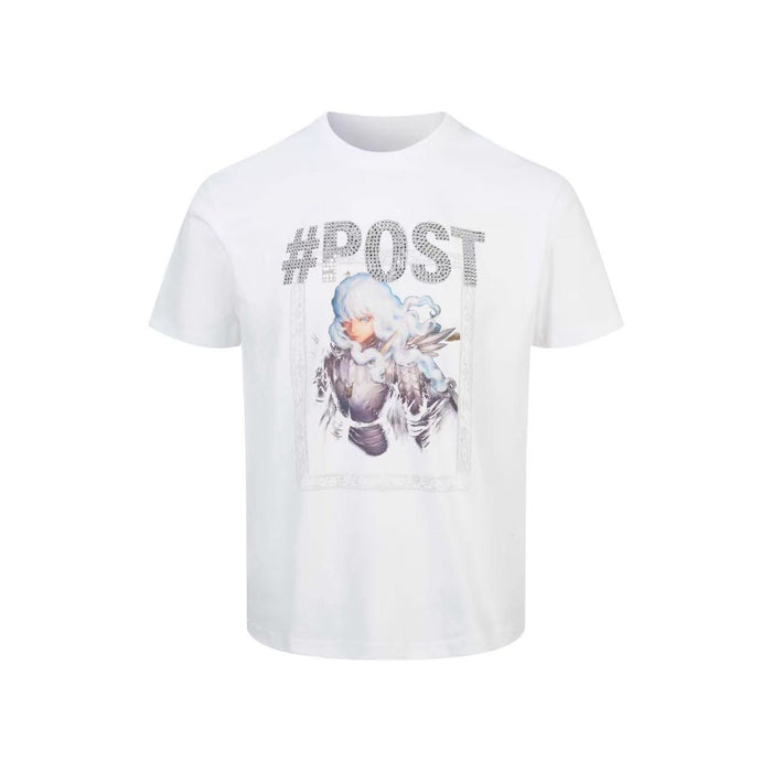White unisex streetwear T-shirt with a crystal #POST angel graphic and soft pastel winged figure on the chest