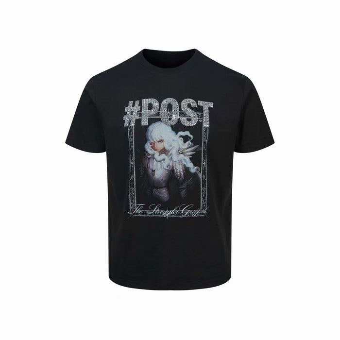 Black unisex graphic T-shirt featuring a crystal angel print with glittery POST lettering and gothic frame detail