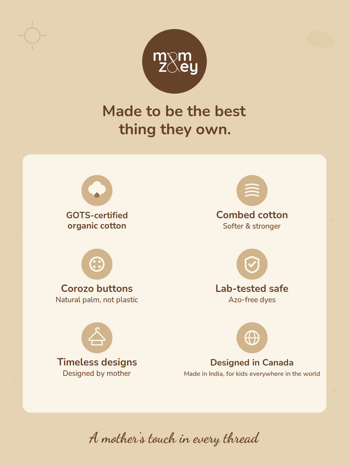 Mom and Zoey quality card - GOTS-certified organic fabric, skin-safe dyes