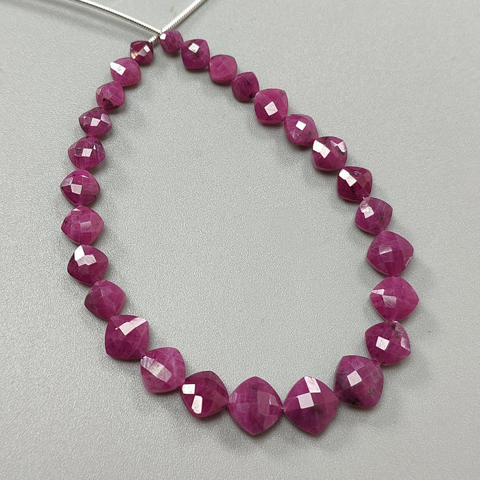 Red Ruby Faceted Loose Beads: 41.40cts Natural Untreated Unheated Ruby Gemstone Checker Cut Briolette Cushion Beads 4mm - 8mm, 7" Strand
