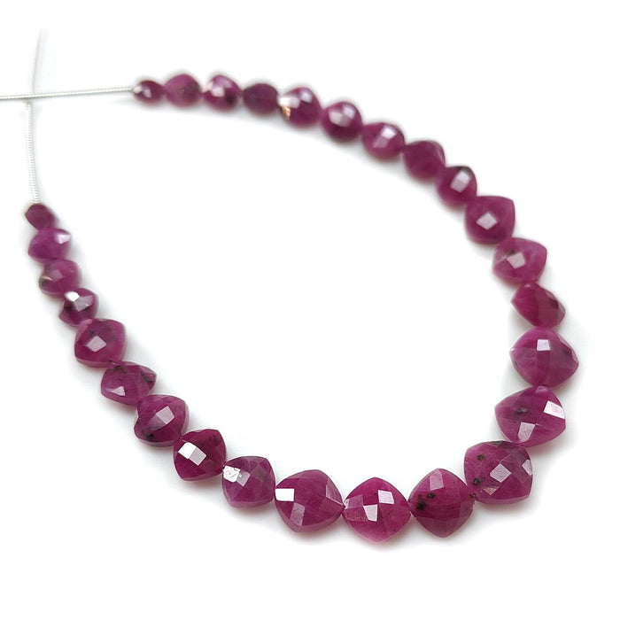 Red Ruby Faceted Loose Beads: 41.40cts Natural Untreated Unheated Ruby Gemstone Checker Cut Briolette Cushion Beads 4mm - 8mm, 7" Strand