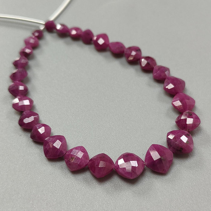 Red Ruby Faceted Loose Beads: 41.40cts Natural Untreated Unheated Ruby Gemstone Checker Cut Briolette Cushion Beads 4mm - 8mm, 7" Strand
