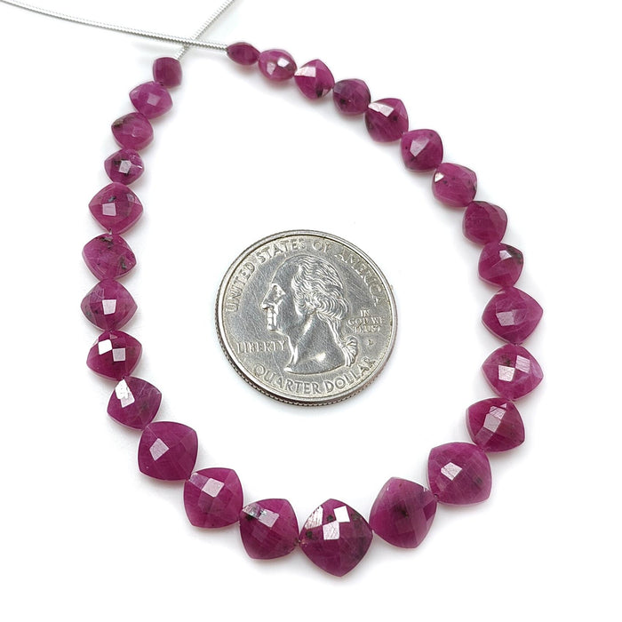 Red Ruby Faceted Loose Beads: 41.40cts Natural Untreated Unheated Ruby Gemstone Checker Cut Briolette Cushion Beads 4mm - 8mm, 7" Strand