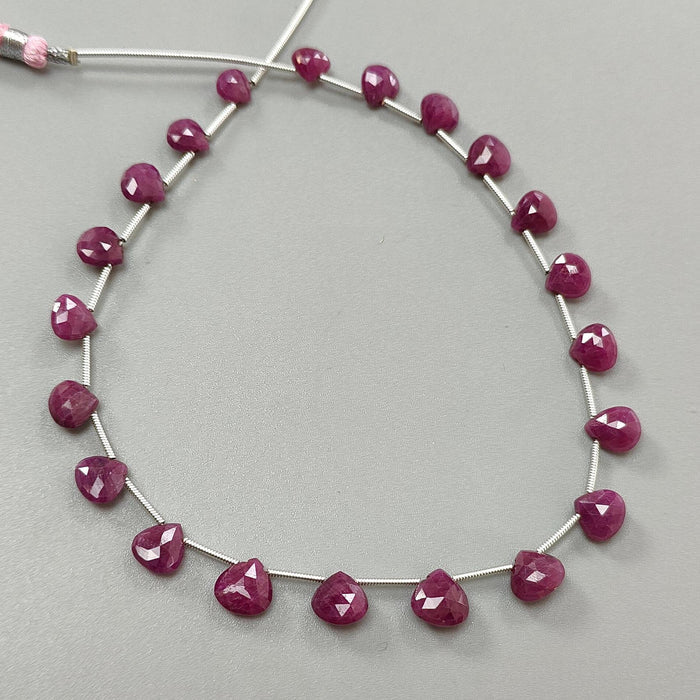 Red Ruby Faceted Loose Beads: 51.10cts Natural Untreated Unheated Ruby Gemstone Checker Cut Briolette Heart Shape Beads 6mm - 9mm