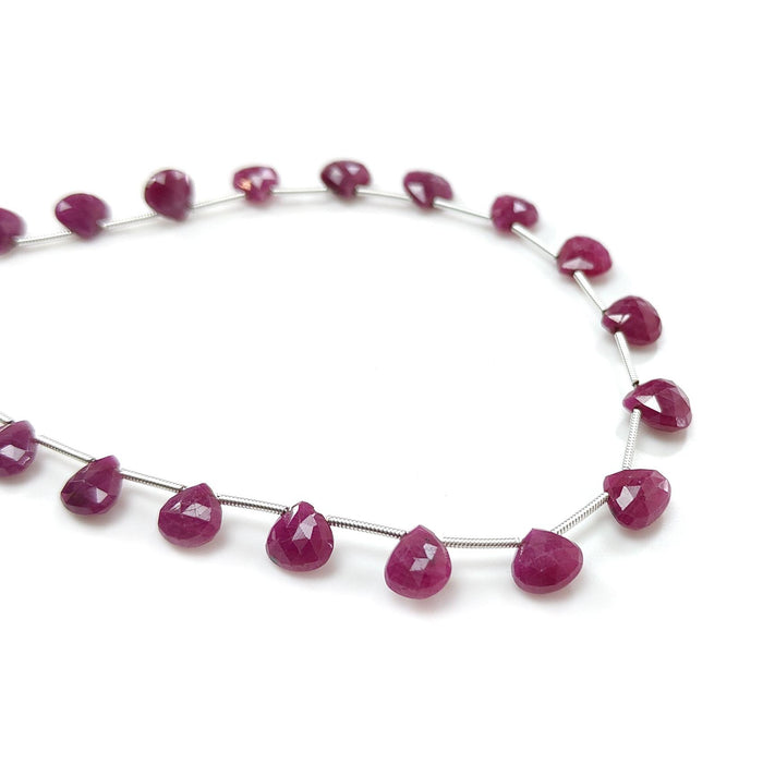 Red Ruby Faceted Loose Beads: 51.10cts Natural Untreated Unheated Ruby Gemstone Checker Cut Briolette Heart Shape Beads 6mm - 9mm