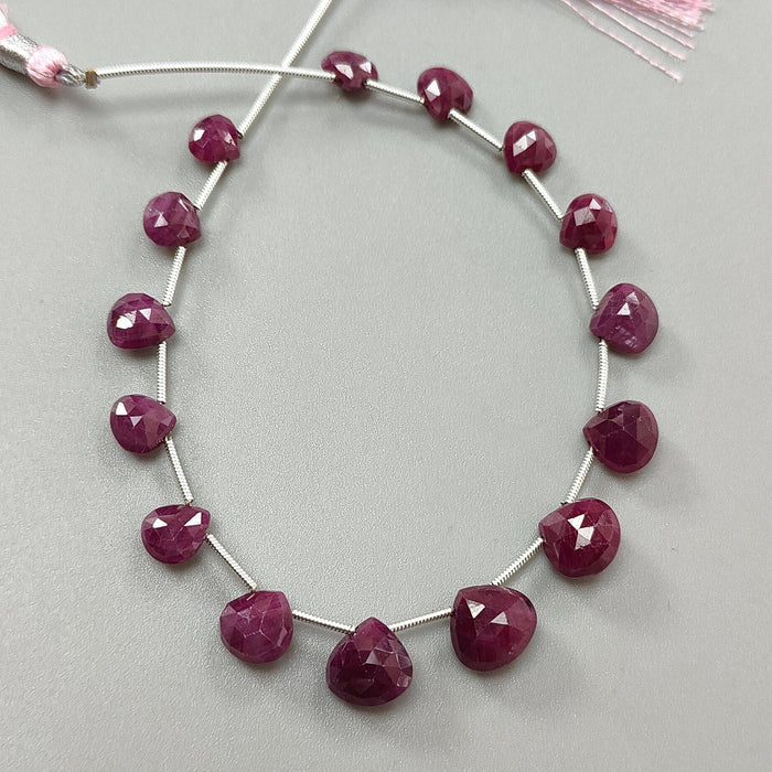 Red Ruby Faceted Loose Beads: 57.40cts Natural Untreated Unheated Ruby Gemstone Checker Cut Briolette Heart Shape Beads 7mm - 10.5mm