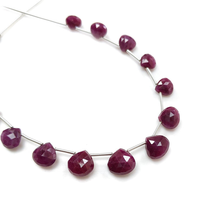 Red Ruby Faceted Loose Beads: 57.40cts Natural Untreated Unheated Ruby Gemstone Checker Cut Briolette Heart Shape Beads 7mm - 10.5mm