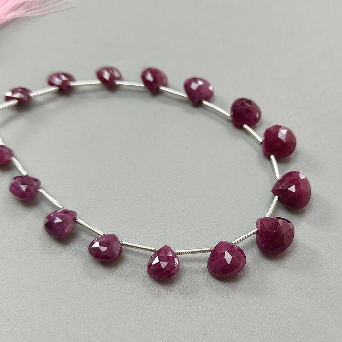 Red Ruby Faceted Loose Beads: 57.40cts Natural Untreated Unheated Ruby Gemstone Checker Cut Briolette Heart Shape Beads 7mm - 10.5mm