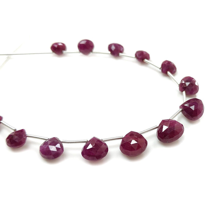 Red Ruby Faceted Loose Beads: 57.40cts Natural Untreated Unheated Ruby Gemstone Checker Cut Briolette Heart Shape Beads 7mm - 10.5mm