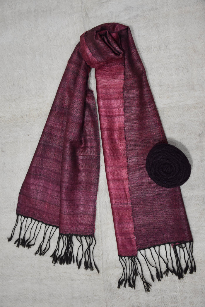 Reversible Tussar Silk & Merino Wool Scarf | Magenta with Black Fringes