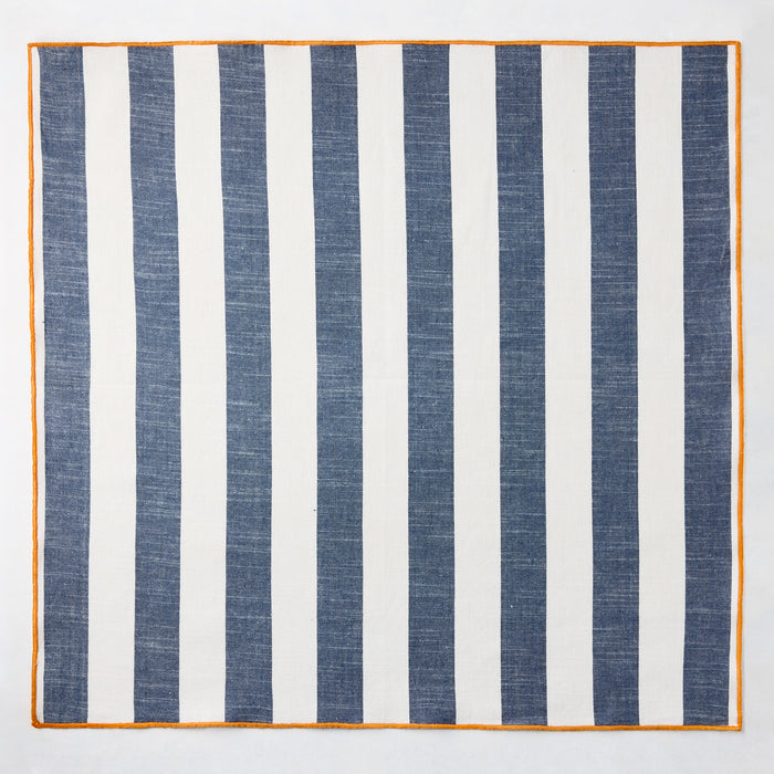 Rockport Navy Blue Stripe Cotton Napkin with Orange Trim, 22" Square.