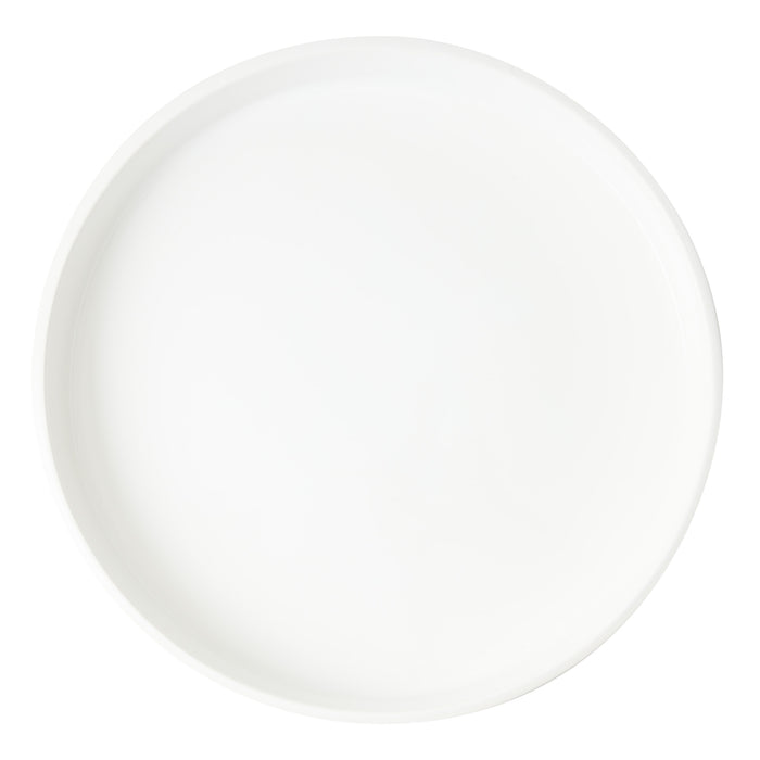 Round white ceramic bar tray with a smooth glazed finish and low edges, 17.72 inches in diameter.