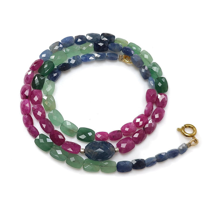 Blue Sapphire, Ruby Quartz Faceted Beads Necklace