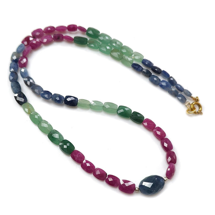 Ruby, Blue Sapphire & Quartz Beads Necklace: 88cts (Approx) Natural Untreated Sapphire Green Quartz Gemstone Faceted Brass Necklace 5*3mm - 8*6mm 18"