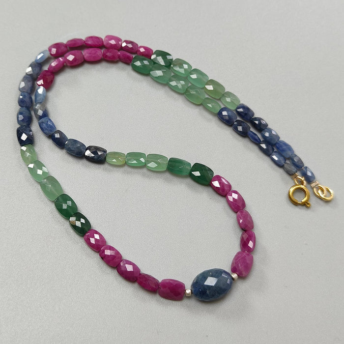 Ruby, Blue Sapphire & Quartz Beads Necklace: 88cts (Approx) Natural Untreated Sapphire Green Quartz Gemstone Faceted Brass Necklace 5*3mm - 8*6mm 18"