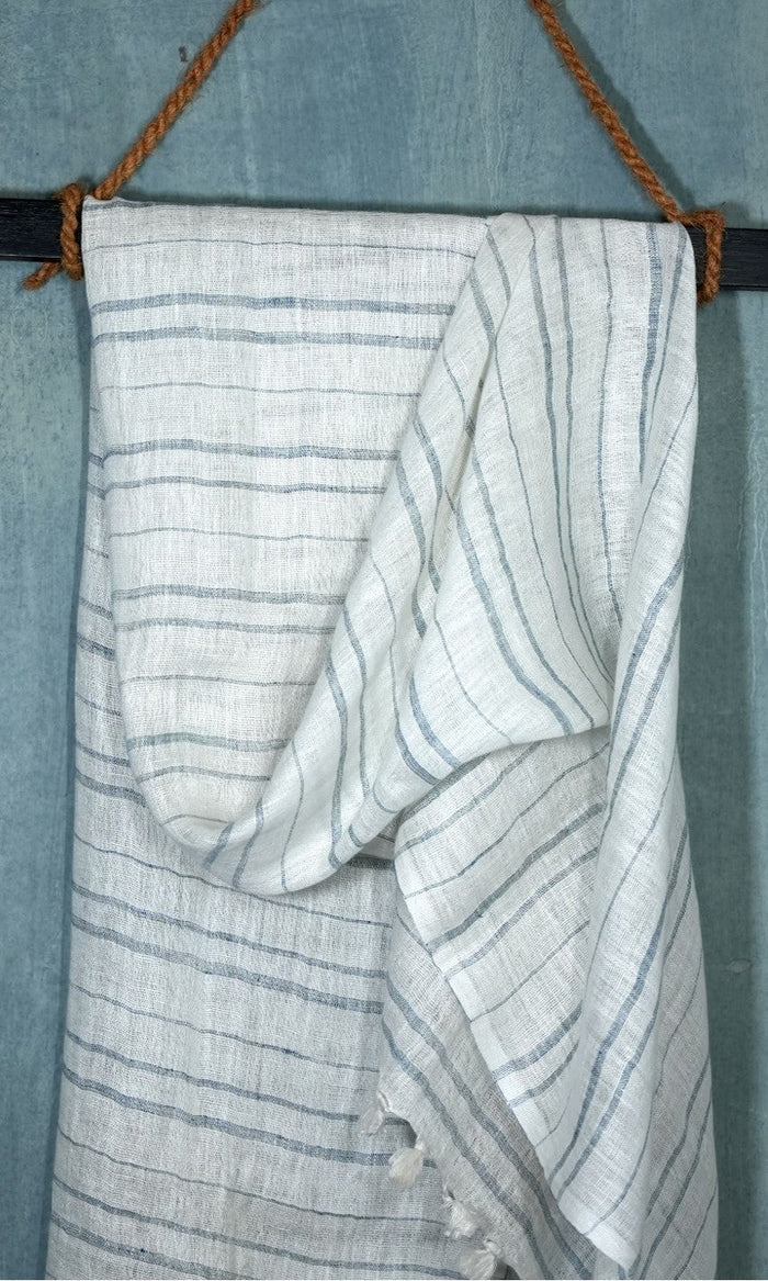 Skyline Stripes Linen Stole | Indigo with white Stripes