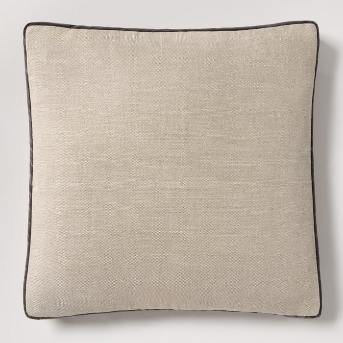 Slate grey velvet and flax linen square pillow with dark piping, 22" square.