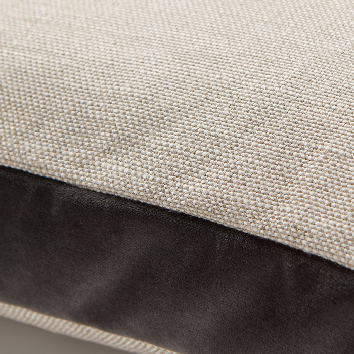 Close-up of a Slate Grey Velvet Gusseted and Linen Square Pillow, 22" square.