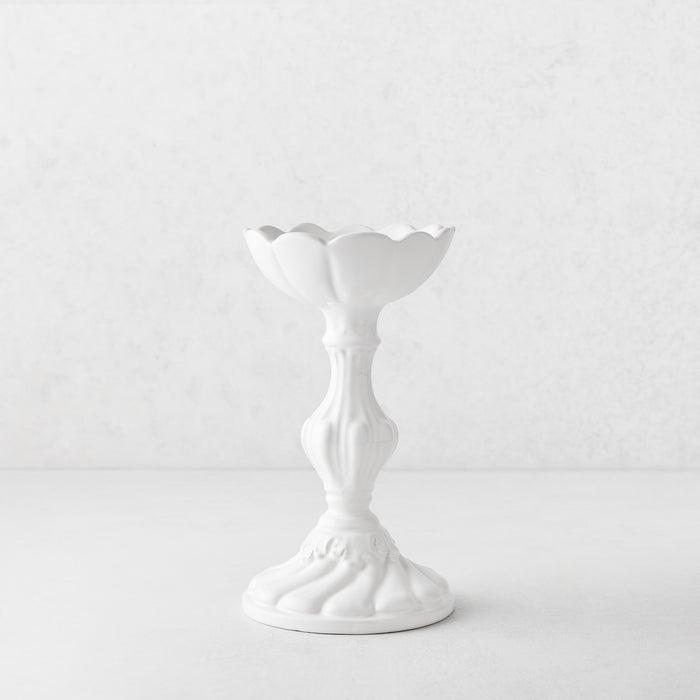 Small white ceramic Tosca candlestick with a scalloped top and ornate pedestal base, made in Italy.
