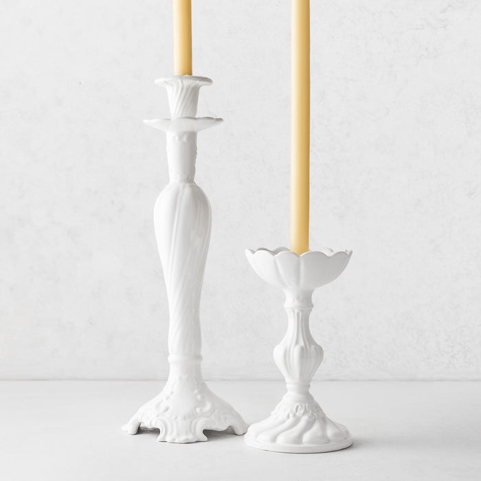 Small white ceramic Tosca candlestick with elegant Italian-inspired fluted design and a glossy finish.