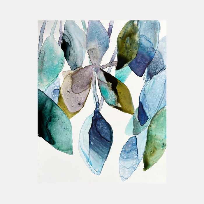 The artwork 'Something Blue I' by Rachel Kohn features abstract leaf-like shapes in watercolor on yupo paper. Translucent forms in varying shades of blue, green, and grey overlap and float against a white background, creating a delicate, ethereal composition with fluid ink outlines and organic watercolor textures.