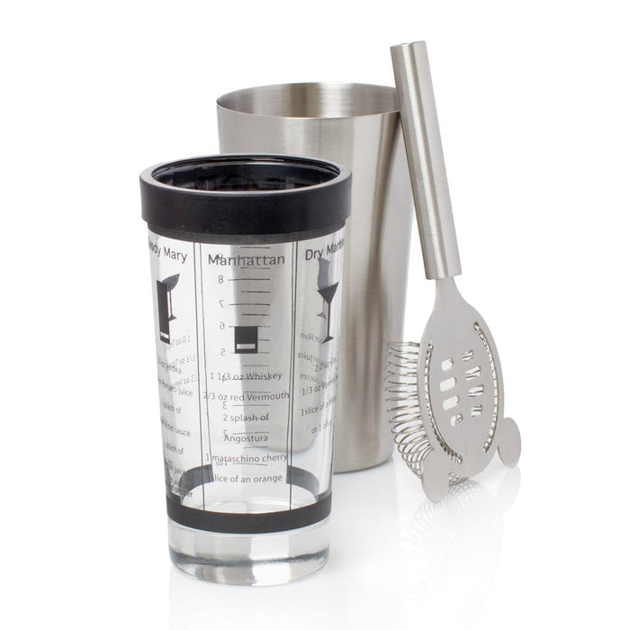 Stainless steel Boston cocktail shaker set with a recipe-printed mixing glass and strainer.