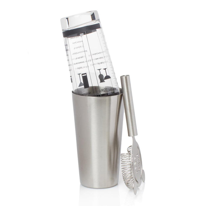Stainless steel Boston cocktail shaker set with mixing glass showing recipes and a metal strainer.