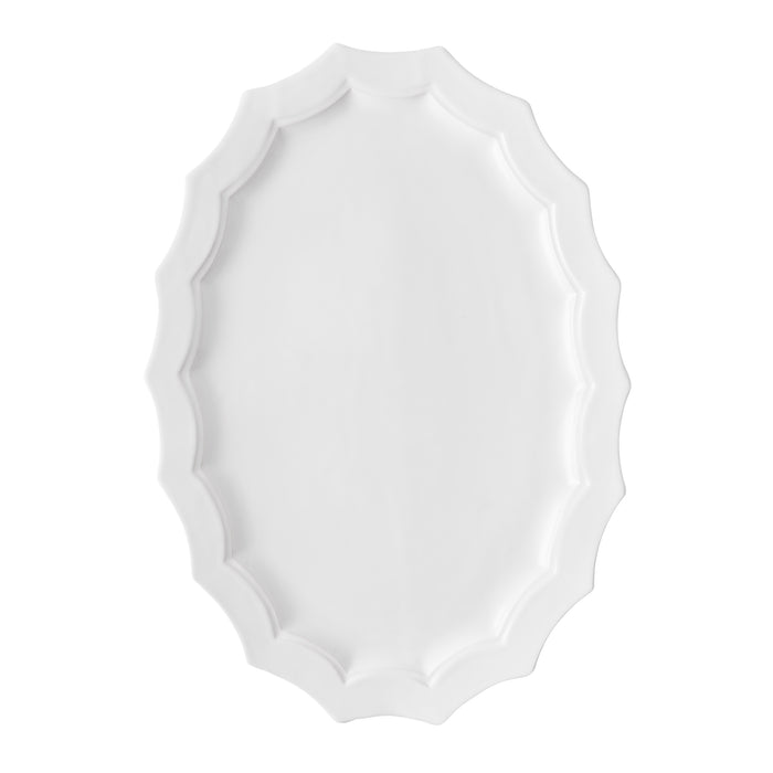 Stella white ceramic oval serve platter with a decorative scalloped edge, 17.3 by 12.8 inches.