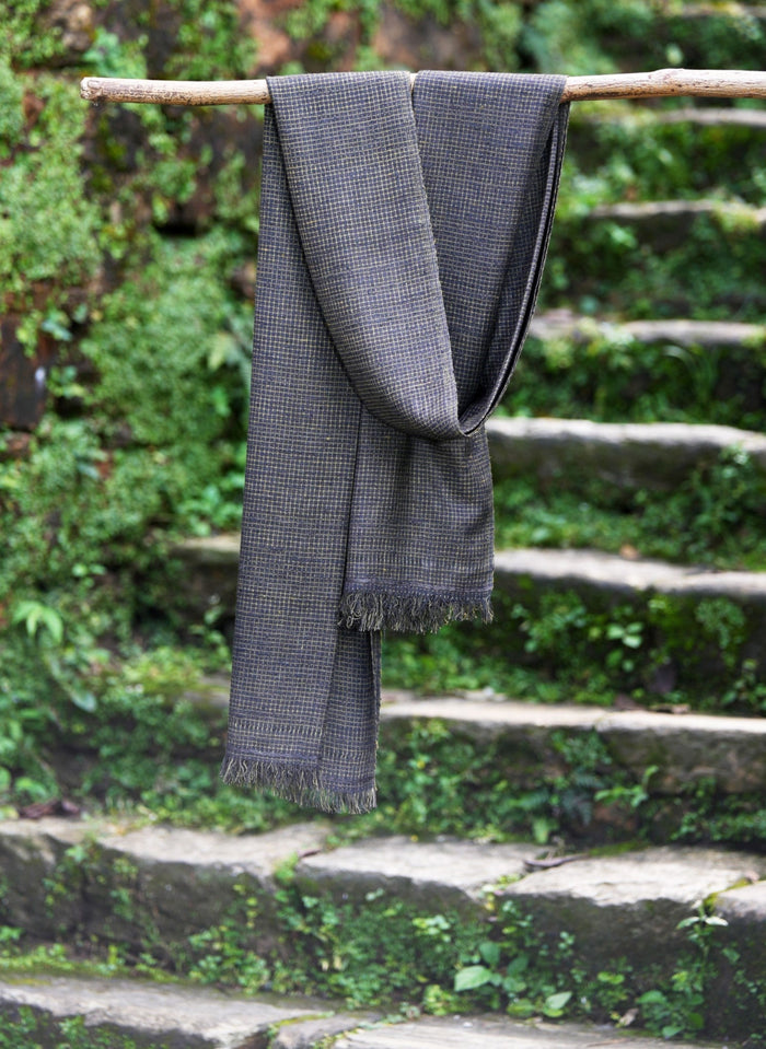 Textured Eri Silk Stole | Black & Yellow checks