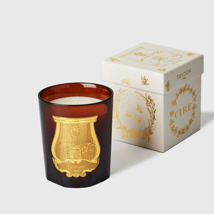Trudon Cire Classic scented candle in a brown glass vessel with gold emblem, beside its cream and gold box.