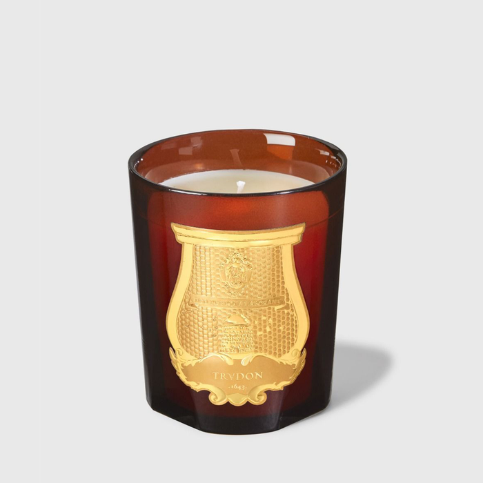 Trudon Cire Classic Scented Candle in a handmade dark amber glass vessel with a gold emblem.