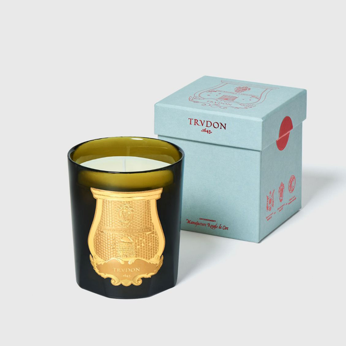 Trudon Tuileries Classic Scented Candle in a dark green glass vessel with gold emblem, beside a light blue box.