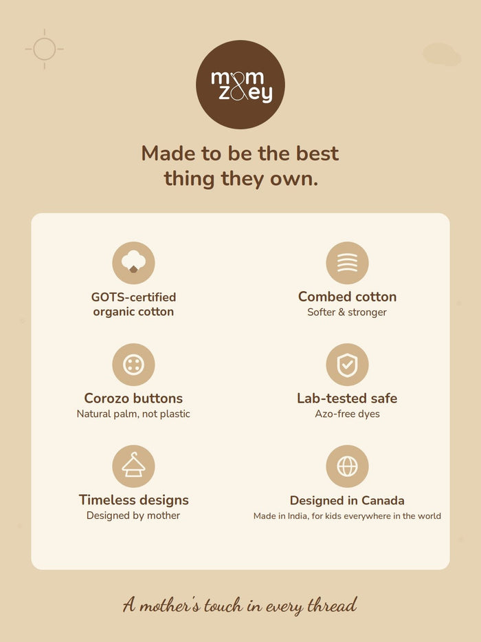 Mom and Zoey quality card - GOTS-certified organic cotton, skin-safe dyes